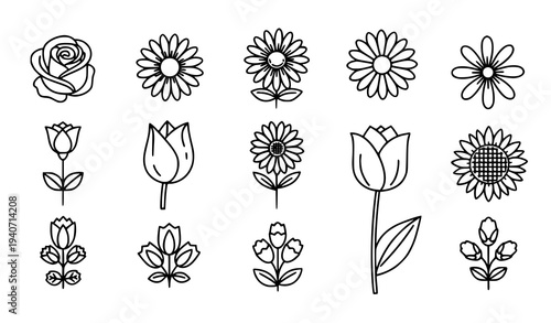 Black and white flower icon set with rose tulip daisy and sunflower outline vector