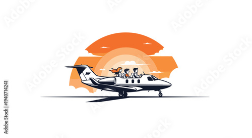 A private jet with three passengers is shown on a runway against a striking orange sunset or sunrise background.