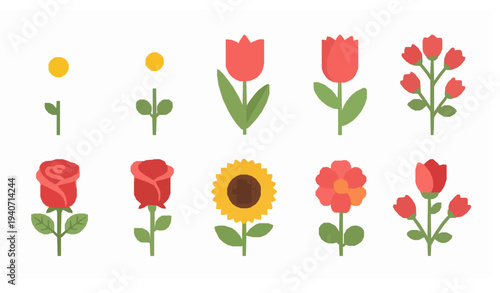 Flower icon set with rose tulip daisy and sunflower flat vector illustration