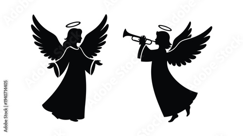 Two angelic figures with wings and a trumpet black silhouette
