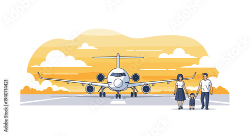 A family of three stands on a runway in front of a large passenger airplane against a warm, cloudy orange sky.