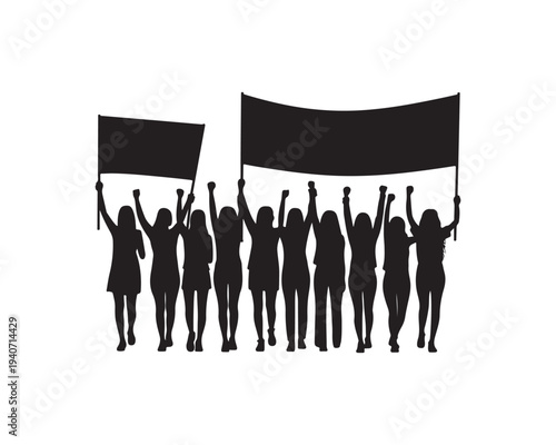 Group of diverse people silhouetted holding large blank banners and flags in a protest or demonstration marching together