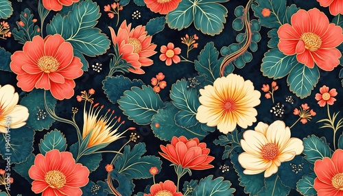 Floral pattern with red and yellow flowers on dark background. Botanical illustration with decorative leaves and small blossoms. Elegant oriental art for fabric print or wall decor.