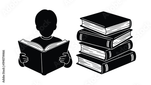 A young reader engrossed in a book with a stack nearby silhouette