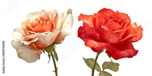 Two beautiful roses in varied colors bloom together. The soft petals of the light rose contrast with the vibrant red. Perfect for decor or floral themes. AI