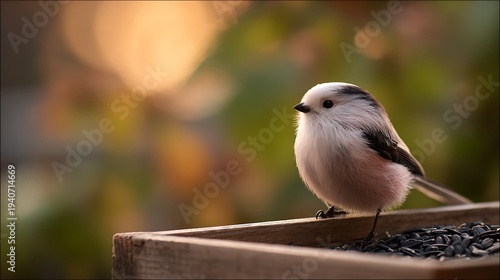 A small bird perched on a wooden bird feeder filled with seeds in a natural outdoor setting.
