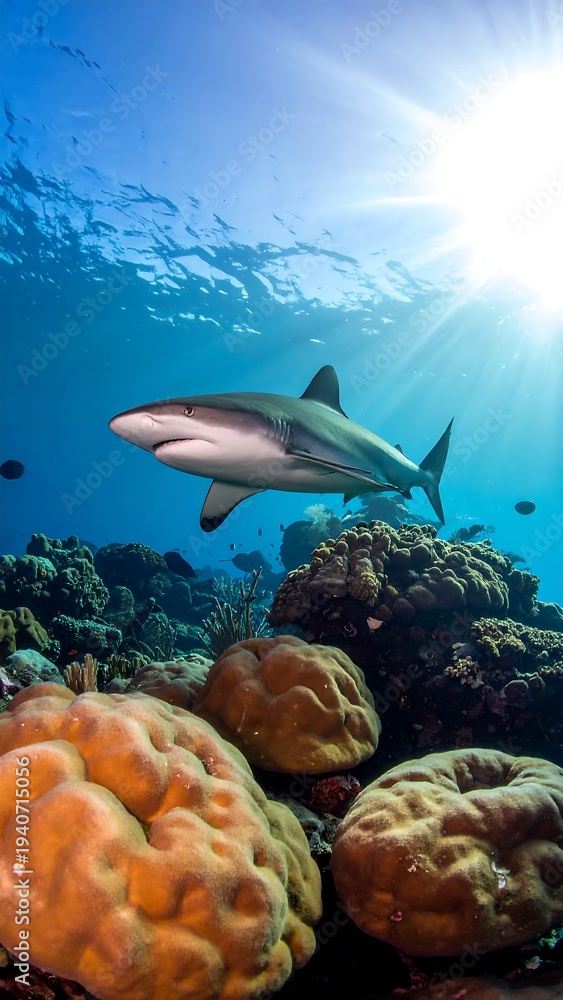 Obraz premium A shark swims over a coral reef with sunlight shining through water
