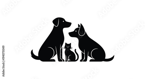 A striking black silhouette depicts a dog a cat and another dog peacefully coexisting together silhouette high quality professional detailed modern