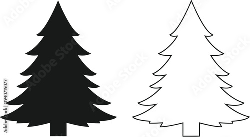 Black and white christmas tree illustration isolated on transparent background, Vector