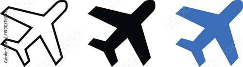 Three stylized airplane in black blue and outline on white airplanes white background