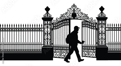 A man walks through an ornate wrought iron gate carrying a bag depicted as a striking silhouette high quality professional detailed