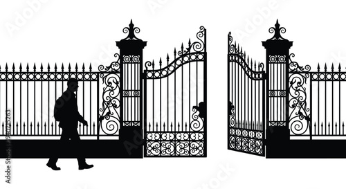An ornate wrought iron gate stands open with a walking figure presented as a stark silhouette high quality professional detailed modern