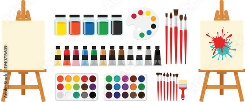 art, painting, supplies, artist, palette, brushes, canvas, easel, paint, tubes, colors, creative, illustration, studio, equipment, tools, drawing, design, hobby, craft