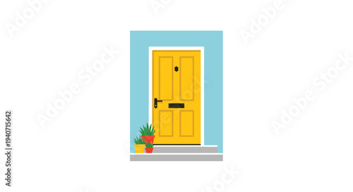 A cheerful yellow front door with a black letterbox and handle is framed by a light blue wall, flanked by two potted plants on grey steps.