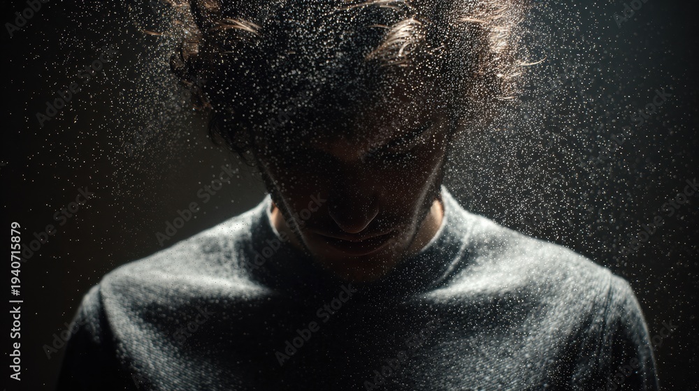 Obraz premium Particles dissolve around a person in a dark space, creating a visual of privacy protection and personal identifier safety.