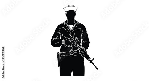 A stark black silhouette depicts a uniformed sailor holding a rifle emphasizing military presence and strength silhouette high quality professional