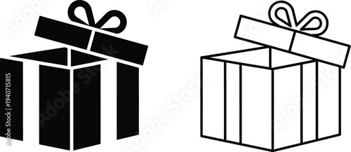 Black and white gift boxes with bows isolated on transparent background, Vector