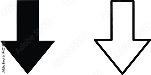 Black and white arrows pointing downward isolated on transparent background, Vector