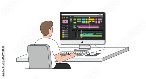 A person with light brown hair, seen from behind, sits at a white desk, actively editing video content on a desktop computer monitor.