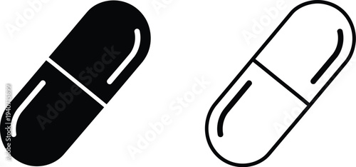 Black and white capsules side by side isolated on transparent background, Vector
