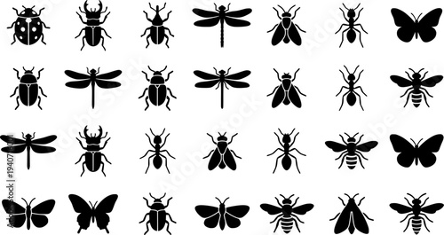 A collection of detailed insect silhouettes depicting various bugs and flying insects suitable for design elements and educational resources
