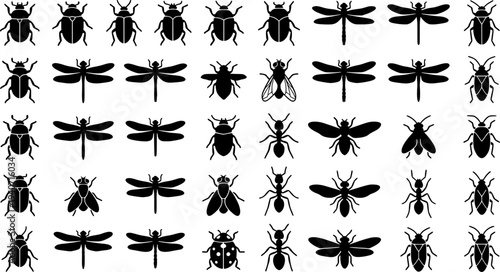 A collection of detailed insect silhouettes depicting various bugs and flying insects suitable for design elements and educational resources
