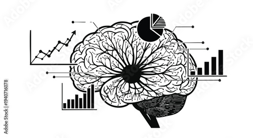 Black brain with graphs and charts vector illustration