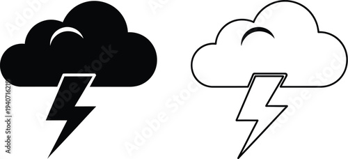 Weather icons with clouds and lightning bolts isolated on transparent background, Vector