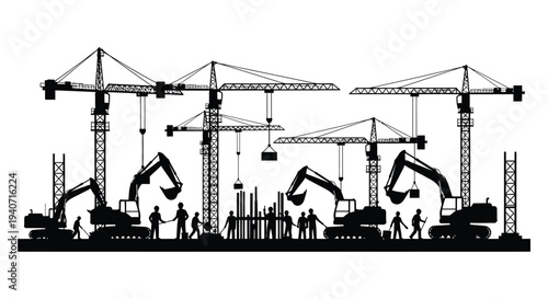 A detailed cityscape depicts construction equipment and workers showcasing a striking black silhouette high quality professional modern elegant stylish clean crisp