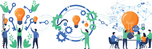 Business innovation teamwork concept, creative idea development digital collaboration strategy brainstorming technology startup solution flat vector illustration