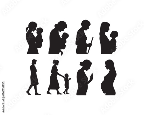 Motherhood and Family Silhouettes Showing Different Stages of Life and Connection Between Mother and Child on a White Background