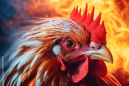 A detailed close-up of a rooster's head with vibrant flames in the background.