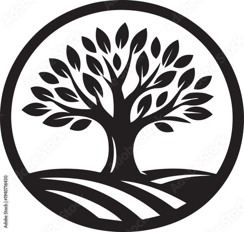 Stylized Tree in Circle with Rolling Hills Silhouette Vector Logo
