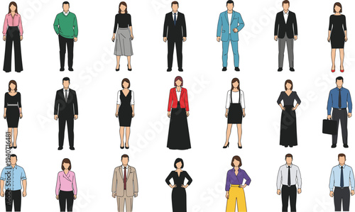 business people character set, corporate professionals, office workers collection, business team illustration, men women office staff, professional workplace