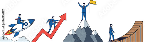 Business success growth concept with businessman rocket launch climbing arrow reaching mountain goal leadership achievement startup progress vector illustration