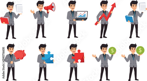 Businessman character set with marketing finance growth presentation megaphone piggy bank puzzle success concept flat vector illustration collection