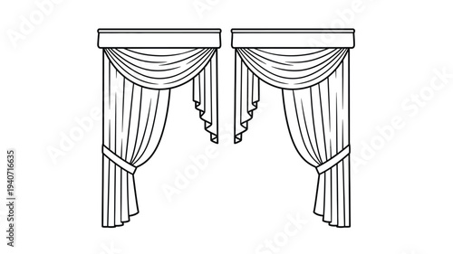 Black and white illustration of draped curtains with a flat silhouette