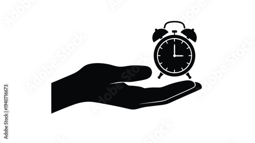 A hand gently holding a classic alarm clock black silhouette