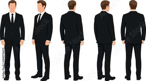 Businessman character turnaround set, front side back views of male business person wearing formal suit corporate vector illustration