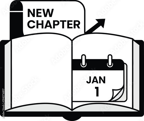 Illustration of a new chapter beginning on January 1st in a calendar book