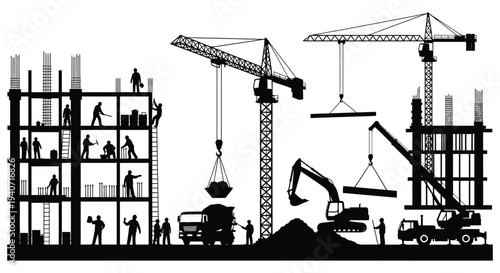 A detailed black silhouette depicts a bustling construction site with cranes buildings and workers at work silhouette high quality professional modern