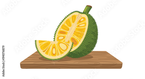 A bright green jackfruit, meticulously sliced in half with a single segment separated, rests on a textured wooden board.