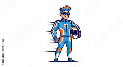 A dynamic illustration of a futuristic racer in a blue suit holding a helmet presented as a silhouette high quality professional