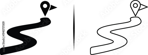 Black and white map route navigation icons isolated on transparent background, Vector