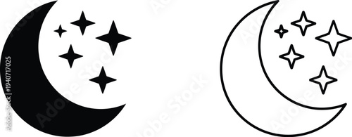 Crescent moon and stars night sky design elements isolated on transparent background, Vector