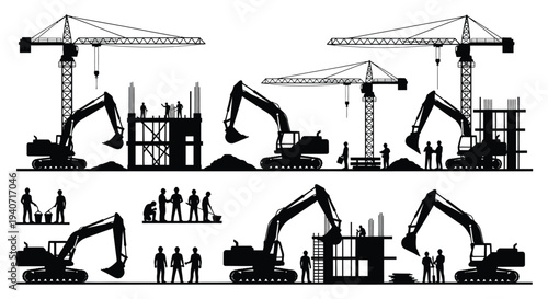 Construction site with cranes excavators workers and building structures depicted in a striking silhouette high quality professional detailed modern elegant stylish