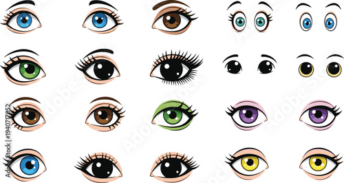 Cartoon eye collection set with different colors and expressions, vector illustration of cute anime style eyes for character design