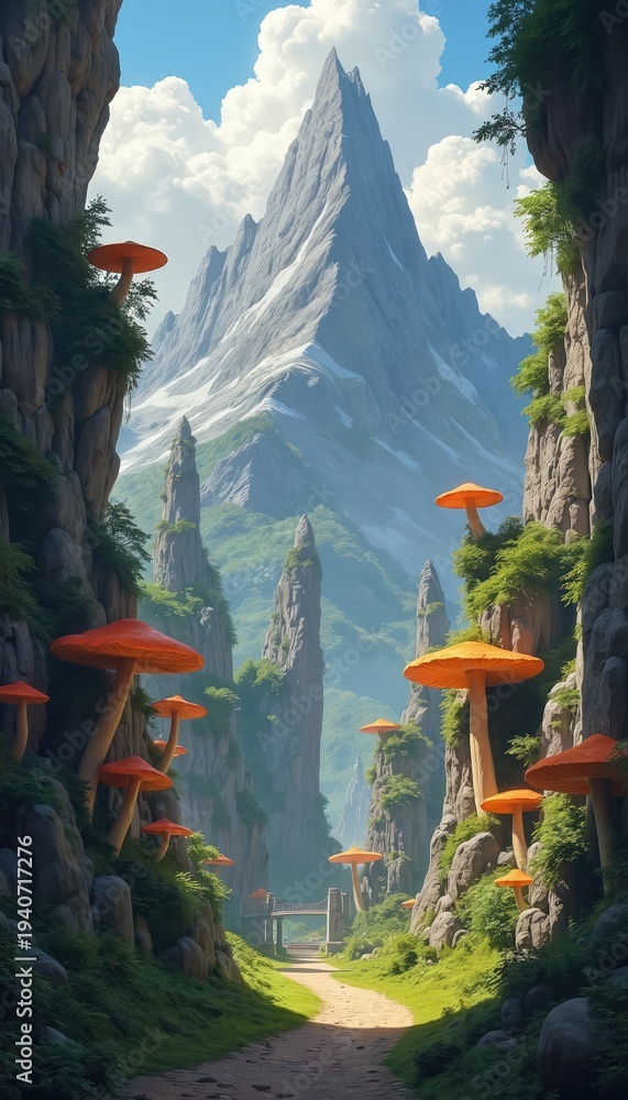Obraz premium Gigantic orange mushrooms grow on steep cliffs beside a mountain path. Tall rock spires rise through green mist. A bridge crosses the valley towards a snow capped peak under a blue sky.