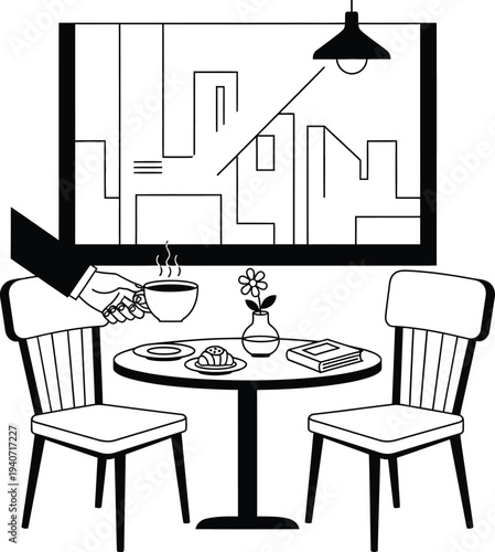 A person enjoying coffee in a cozy cafe setting with city view, wqe (598) ambiance