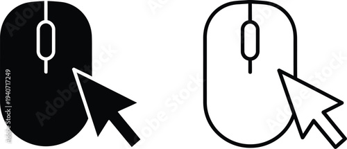 Black and white computer mouse icons with cursor isolated on transparent background, Vector